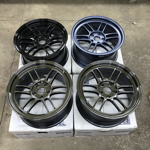 QTY 4 Enkei RPF1 18x9.5 5x114.3 38mm Chrome Black Blue Minor *Scratch & Dent*